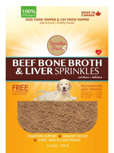 SPRINKLES & PAWS Beef Bone Broth and Liver Sprinkles | Dog Food Topper Made in Canada with Beef Liver and Beef Bone Broth in Healthy Powder form | Small, Medium, Large Breeds | Buddy Bites Natural