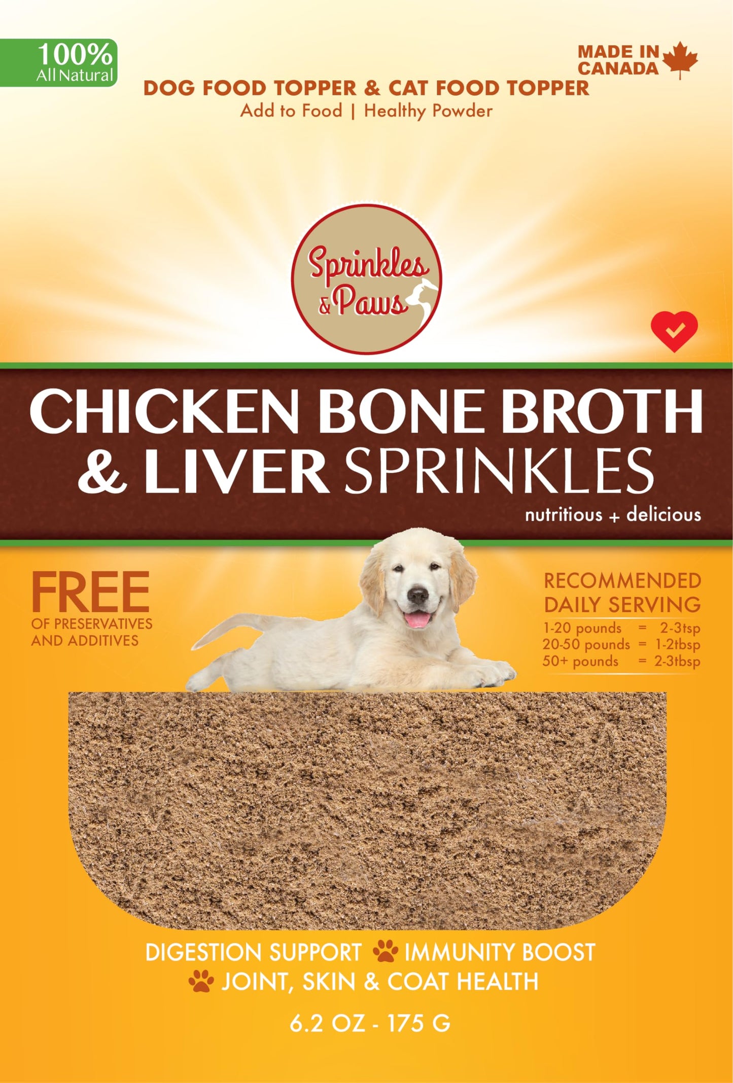 Sprinkles & Paws Chicken Bone Broth & Beef Liver Dog Food Topper | Healthy Powder Helps with Eating and Appetite | Made in Canada All Natural | Meal Mixer Liver Powder for Dogs