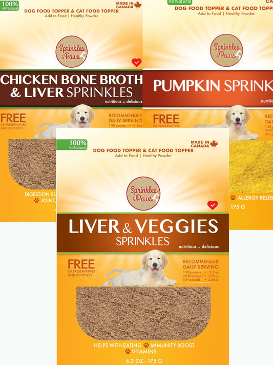 Sprinkles & Paws 3 Pack Great Health Bundle | 1 Liver & Veggies + 1 Chicken Bone Broth & Liver + 1 Pumpkin Bag | Helps Eating and Appetite