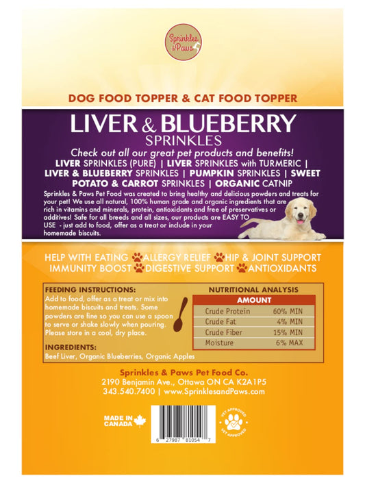 SPRINKLES & PAWS Liver & Blueberry Sprinkles with Apple Dog Food Topper | Made in Canada with Organic Fruit (Powder) | Makes Pet Food Delicious and Healthier | Human Grade