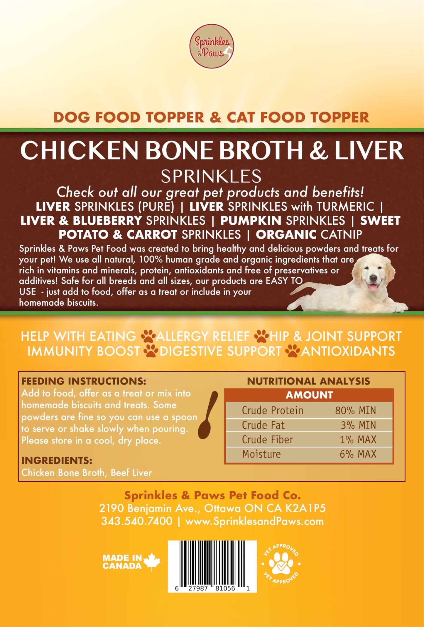 Sprinkles & Paws Chicken Bone Broth & Beef Liver Dog Food Topper | Healthy Powder Helps with Eating and Appetite | Made in Canada All Natural | Meal Mixer Liver Powder for Dogs