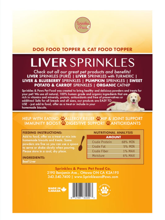 Sprinkles & Paws Pure Liver Sprinkles | Beef Liver Powder for Dogs Made in Canada | Add to Food as a Topper or Delicious pet Treat | Helps with Eating