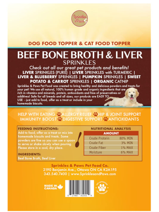 Sprinkles & Paws Beef Bone Broth and Liver Sprinkles Dog Food Topper | 2 Pack Value Bundle Save $ | Made in Canada with Beef Liver in Healthy Powder Form | Helps Appetite and Eating for Dogs