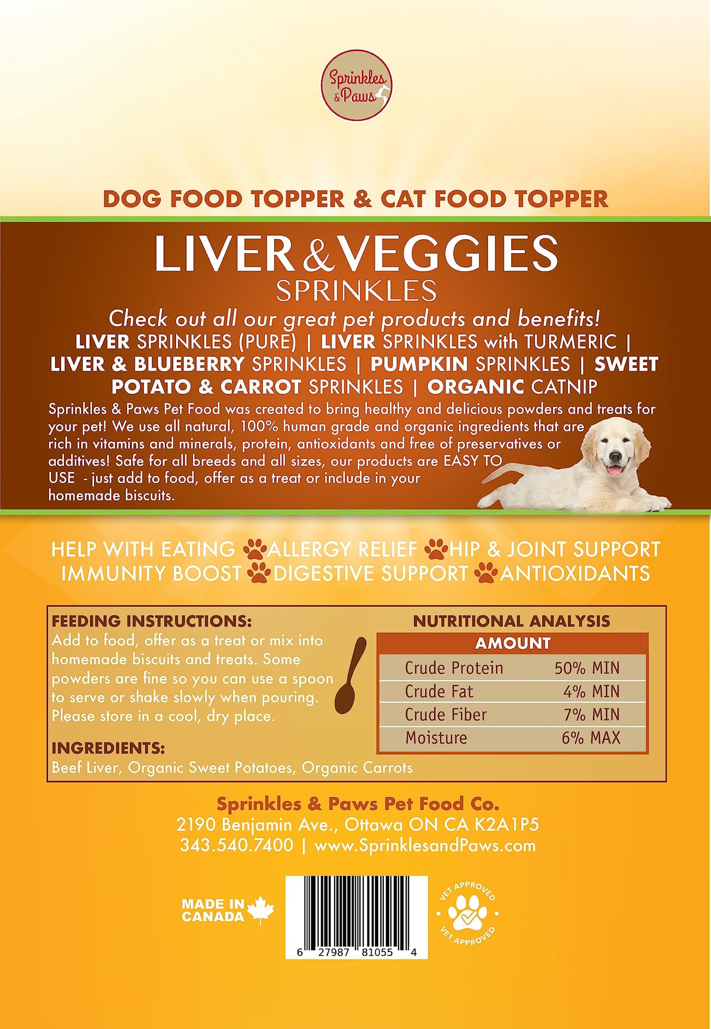 Sprinkles & Paws Liver and Veggies Dog Food Topper | Made in Canada in Healthy Powder Form | Beef Liver Powder for Dogs | Helps with Eating, Add to Food as Meal Mixer or Treat